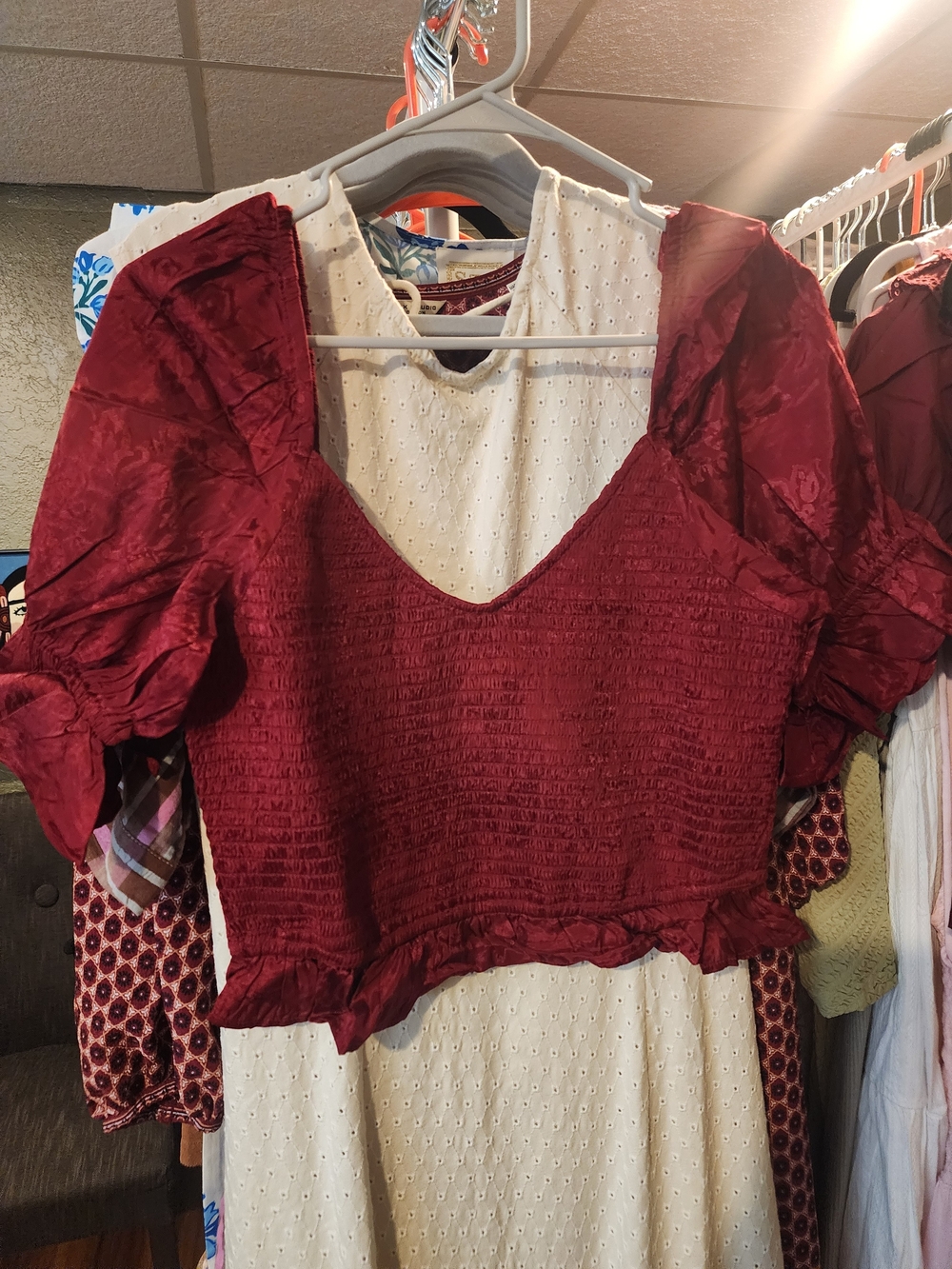 Smocked Puff-Sleeve Crop Top In Rhubarb